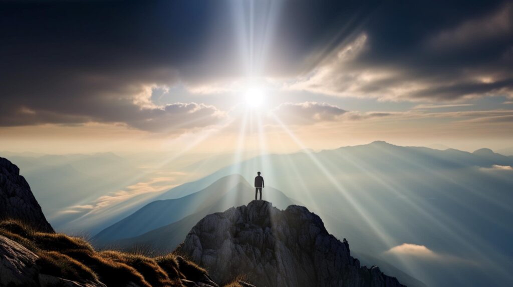 junger Mann steht auf Berg, vor ihm blitzt die Sonne durch die Wolken